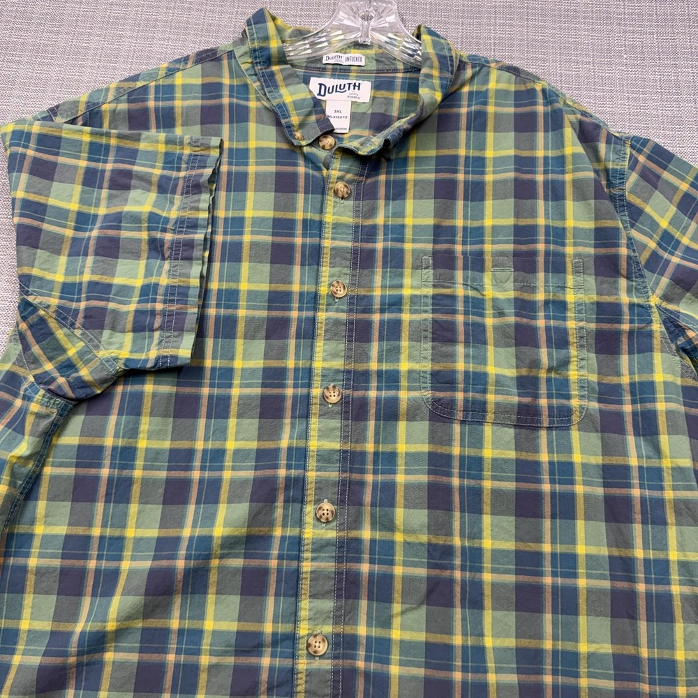Duluth Trading Co Untucked Shirt Mens 3XL Green Plaid Short Sleeve Button Up